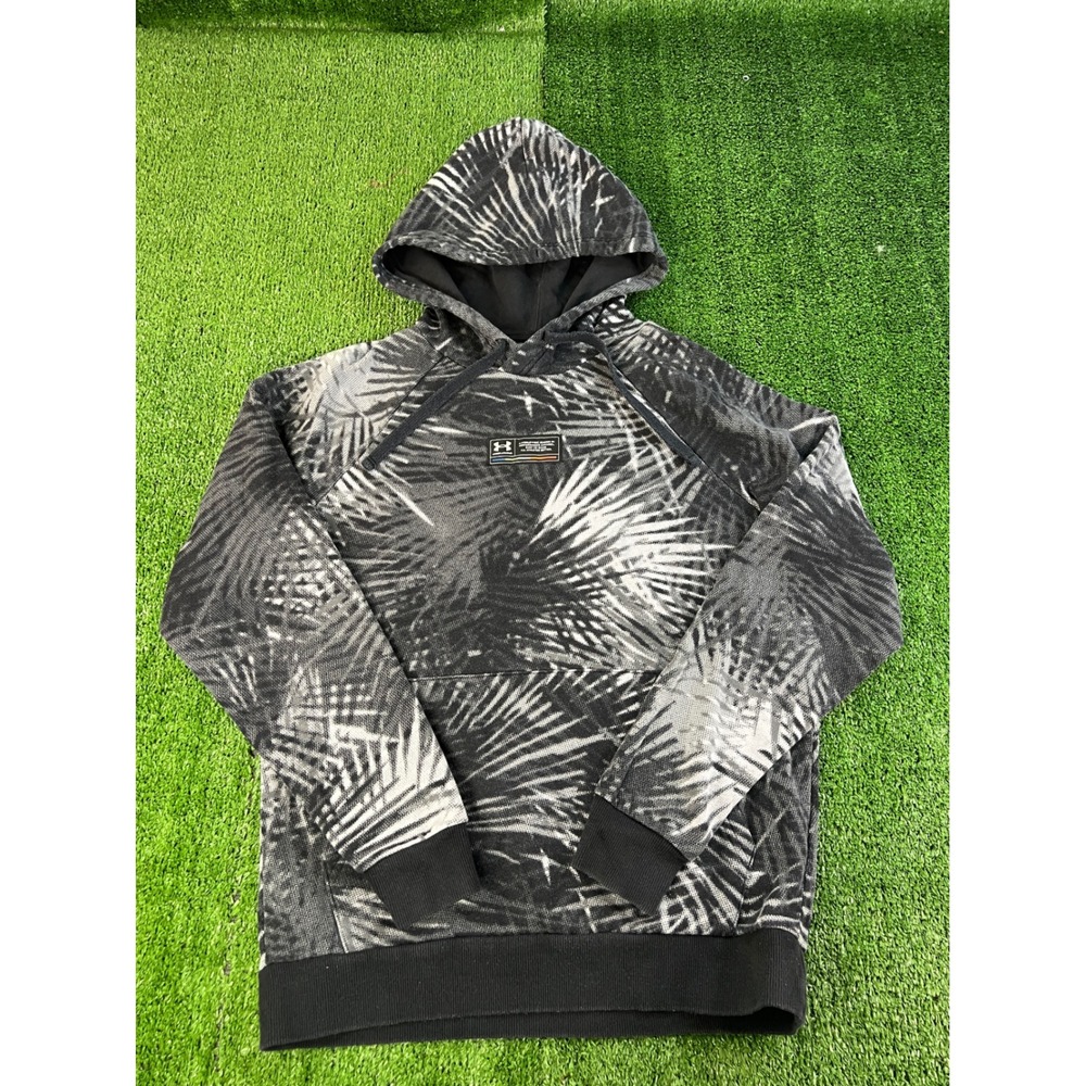 Under Armour Mens Small Palm Leaf Graphic Hoodie Black White Loose Fit Pullover